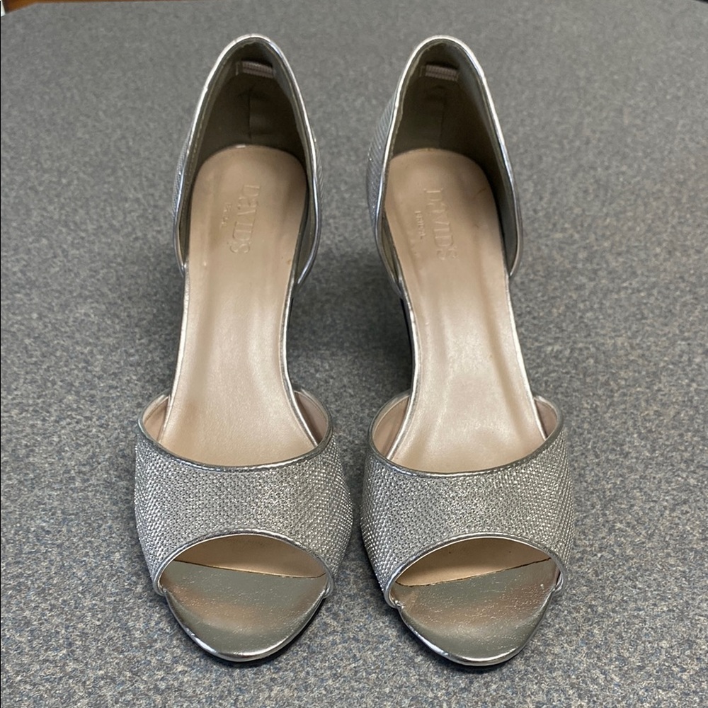 David's Bridal Silver Peep-Toe Heels with D'Orsay Design